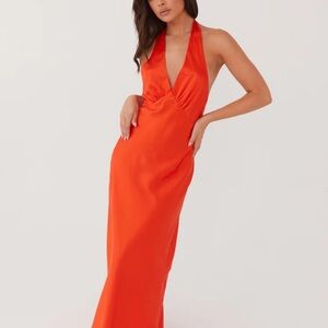 NWT Peppermayo Women’s Heavy Hearted Satin Maxi Halter Dress - Orange Sunset